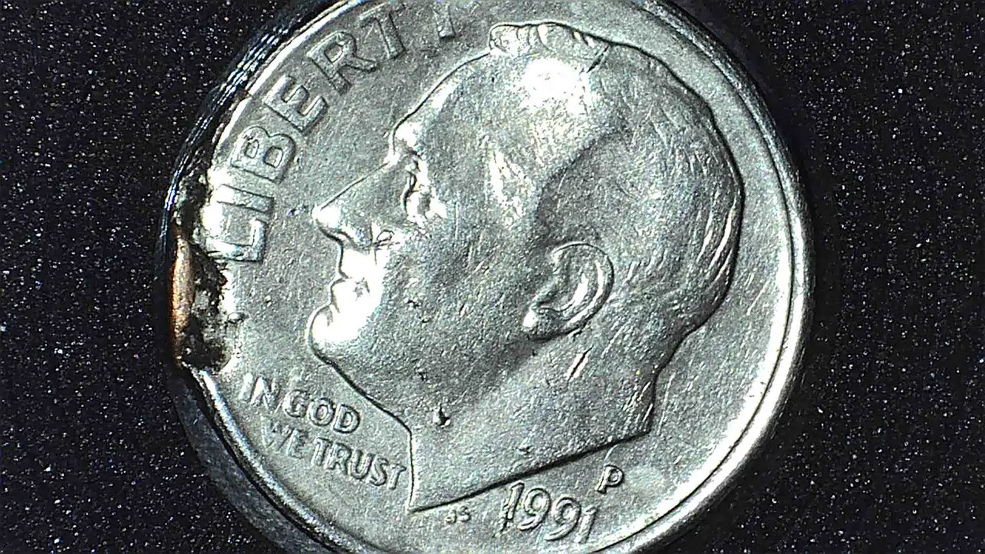 1991-P-Roosevelt-Dime,-Is-This-A-Lamination-Error?